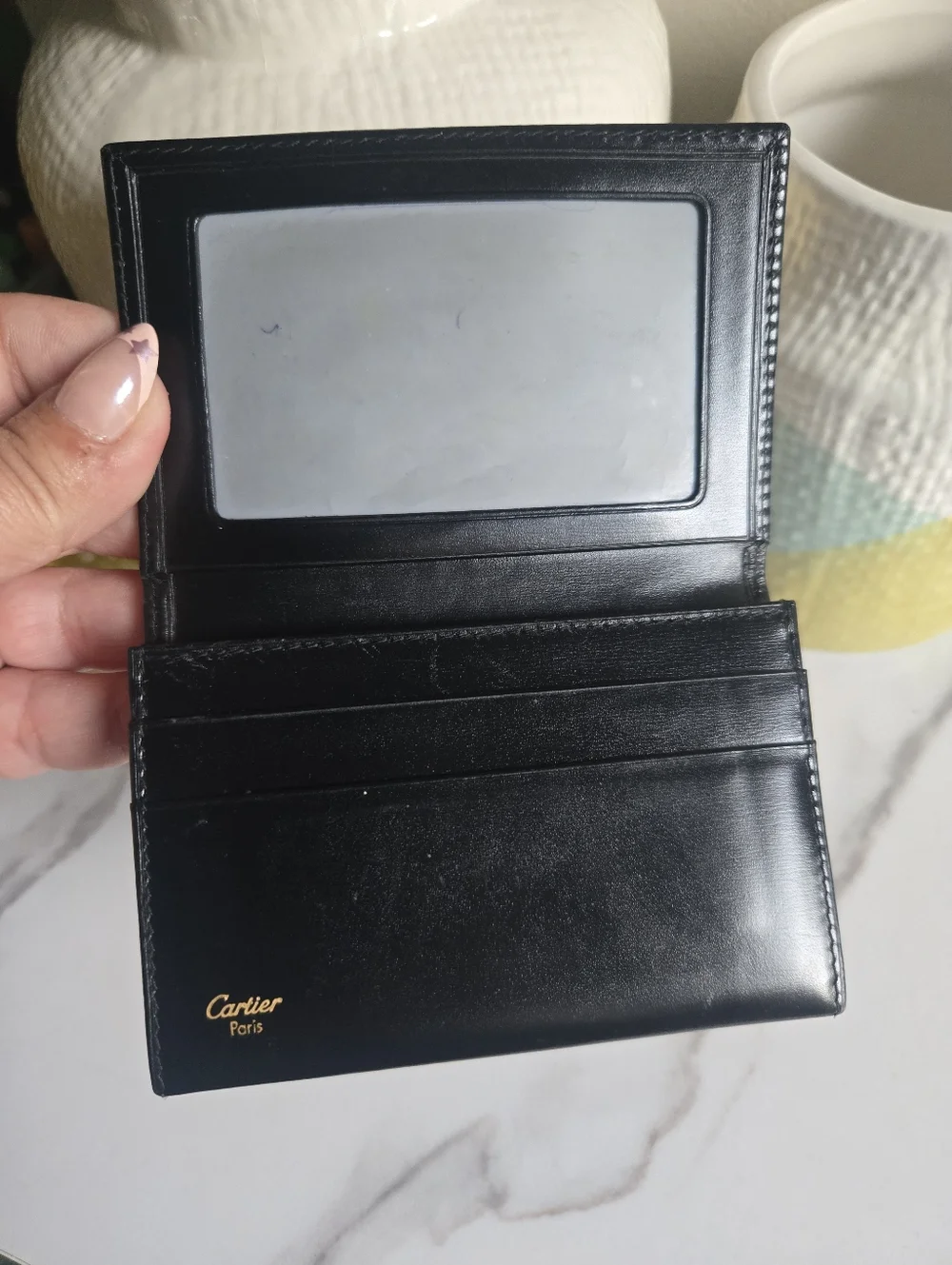 Vintage GUC Cartier Black Leather Slim Bifold Card Wallet